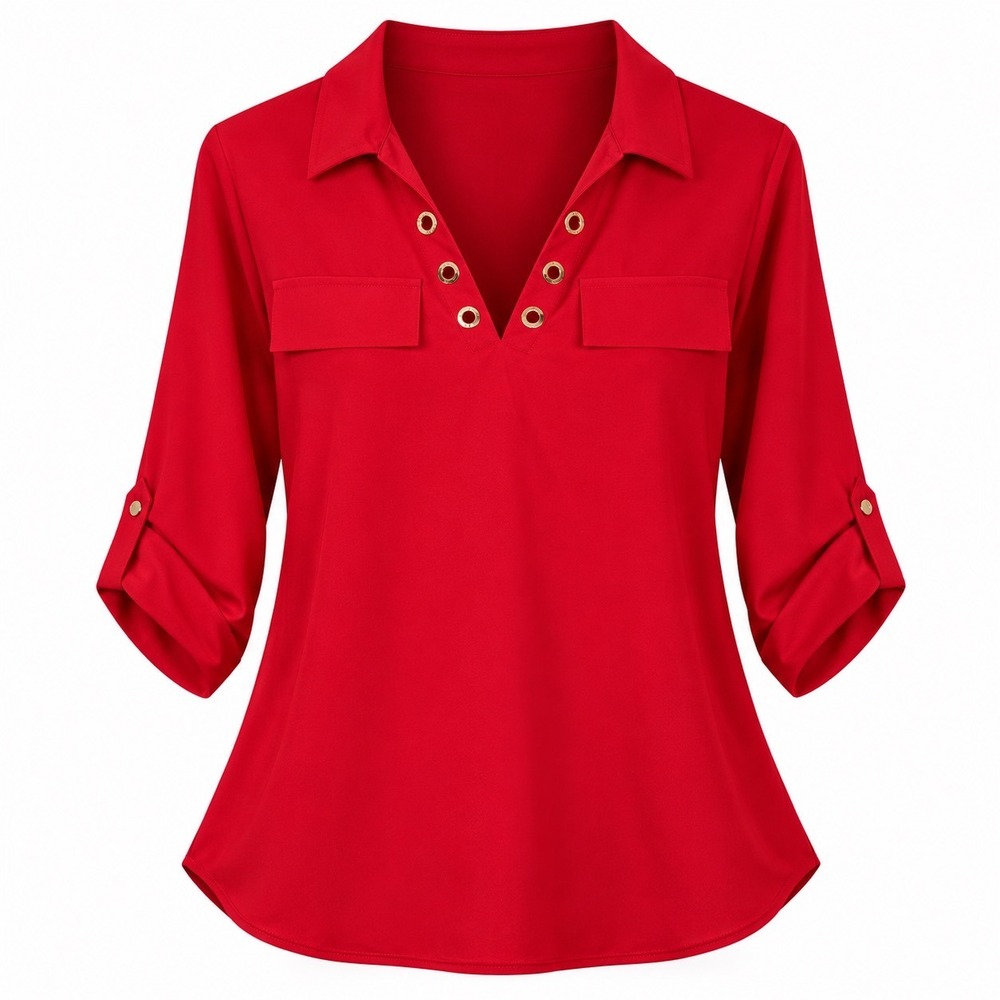 Calvin Klein Womens Red Roll Tab Sleeve Grommet V-Neck Blouse Size Large